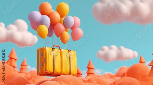 Colorful suitcase floating on balloons