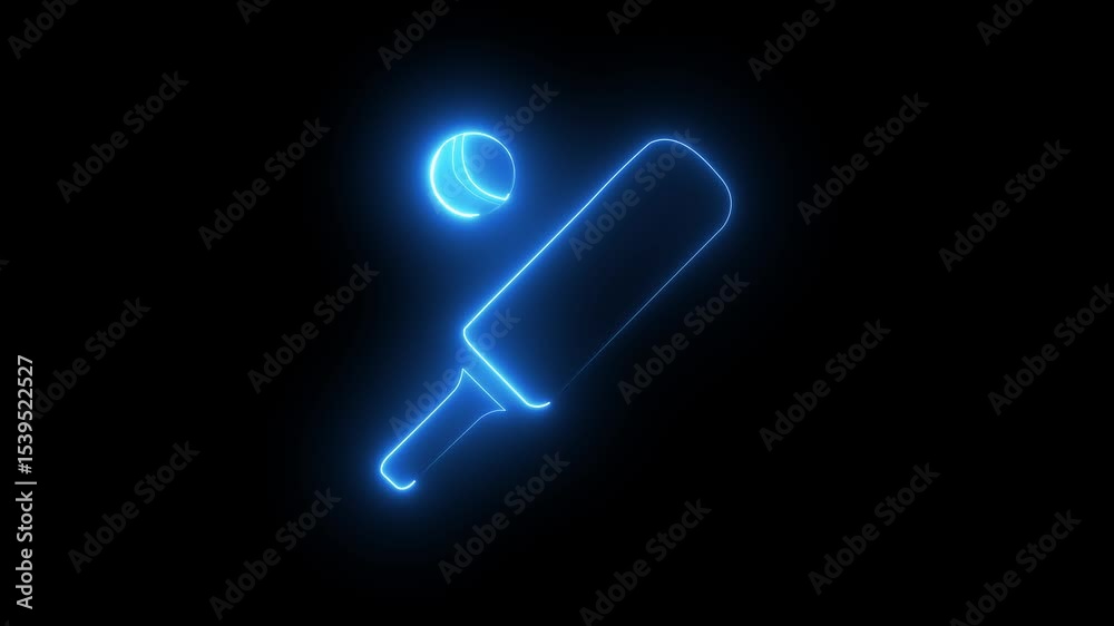 Neon glowing Cricket Showcase Bat and boll  Icon animation and Symbol of cricket bat Animation on Black Background, 4k Video