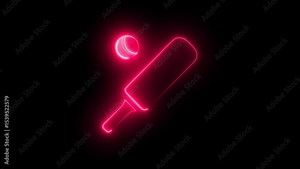 Neon glowing Cricket Showcase Bat and boll  Icon animation and Symbol of cricket bat Animation on Black Background, 4k Video
