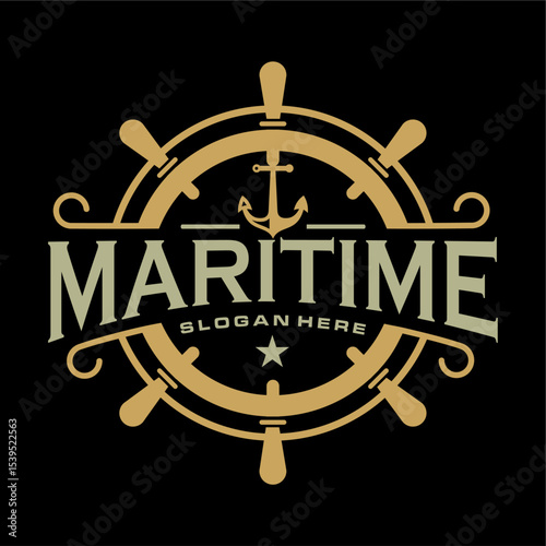 steering wheel icon symbol, Maritime nautical vector logo design rounded shape, wind rose illustration