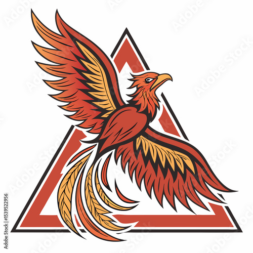 Fiery phoenix rising within a triangle