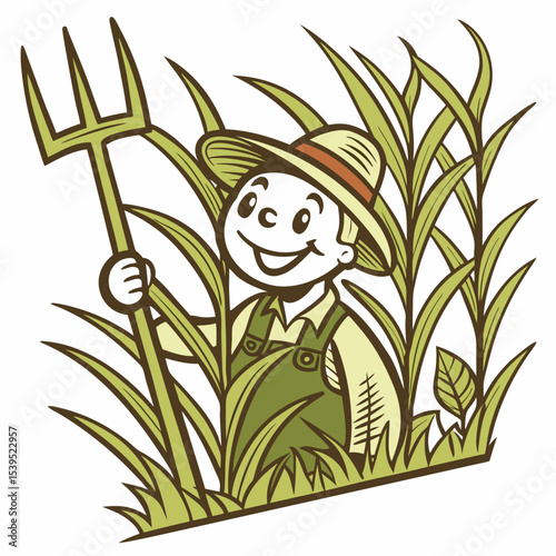 Happy farmer boy in tall grass with pitchfork