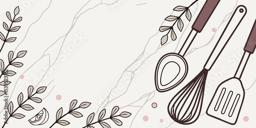 Kitchen utensils background with a blank space for a text and white marble background, home kitchen decor concept with kitchen tools