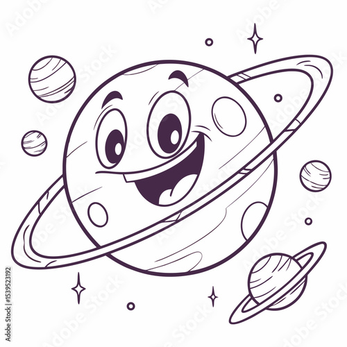 Happy cartoon planet with rings and moons