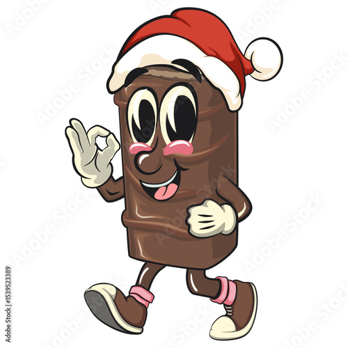 chocolate wafer cartoon mascot wearing a Santa Claus hat, high-resolution isolated vector snack character illustration, perfect for dessert branding, or educational materials, work of hand drawn