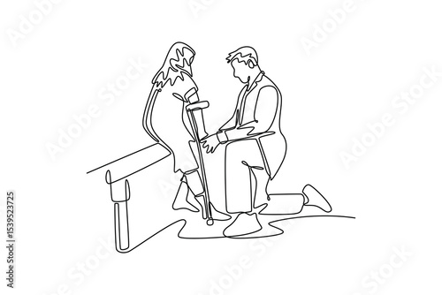 Doctor and patient concept. Single line draw design. Vector graphic illustration