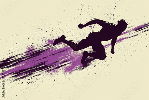 The dark purple runner sprints forward with powerful strides, vibrant splatters against the light beige backdrop, conveying intense athletic momentum through dynamic contrast and raw energy.