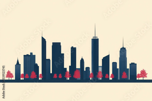 Cityscape Silhouette: A stylized cityscape silhouette at sunset, featuring a collection of skyscrapers and trees, creating a striking contrast against the warm sky.
