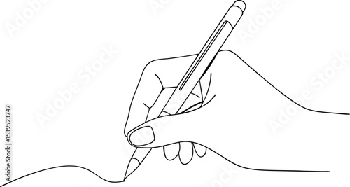 Hand holding pen: Line art of a hand writing or drawing with a pen, isolated on white.