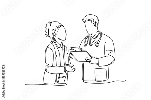 Doctor and patient concept. Single line draw design. Vector graphic illustration