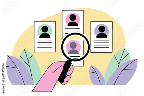 Human resources recruitment process reviewing candidates with magnifying glass
