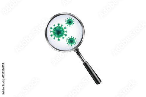 Microscopic green virus cells under magnifying glass, perfect for health, infection, and pandemic visuals.
