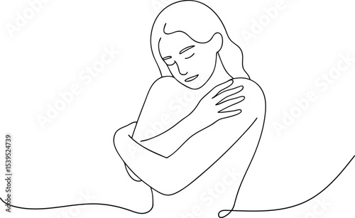 Embrace of Serenity: A delicate line art depiction of a woman in tranquil solitude, tenderly embracing herself, conveying a sense of inner peace and self-acceptance. 