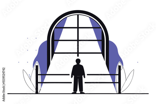 Abstract minimalist illustration featuring a figure approaching a gateway of opportunity