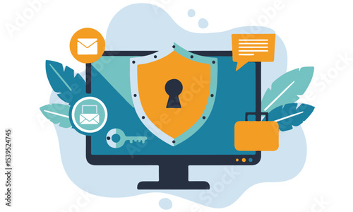 "Cybersecurity Shield on Computer Monitor"
An illustration depicting a desktop computer monitor displaying a blue shield icon with a keyhole in its center, symbolizing digital security and data protec