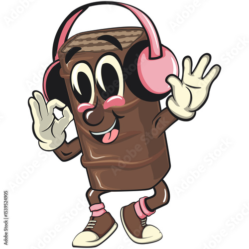 chocolate wafer cartoon mascot listening to headset while dancing calm, high-resolution isolated vector snack character illustration, perfect for dessert branding, work of hand drawn