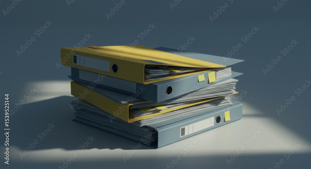 Stylized document piles and folders with shadows and minimal color coding Stylized document piles and folders with shadows and minimal color coding