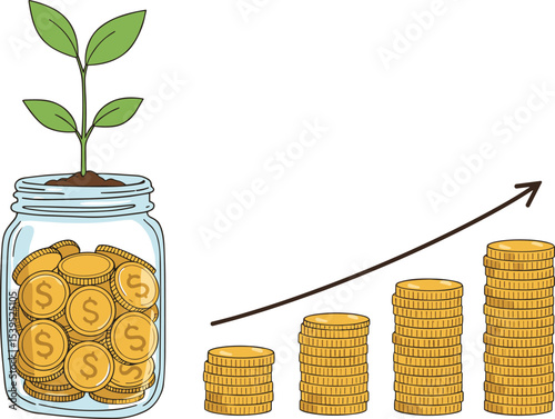 Financial growth concept, money saving in jar with plant, investment return, stack of coins, business profit, wealth increase, economic success, passive income illustration