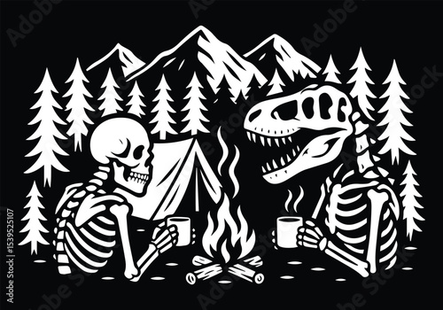 A human skeleton and a T-Rex skeleton enjoy coffee by a campfire in the forest, with mountains and a tent in the background whimsical and surreal.