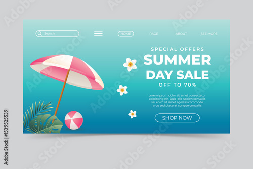 Bright summer sale banner with beach umbrella, float ring, and decorative stars on blue background.