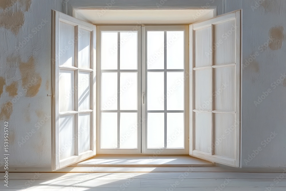 Obraz premium Open white wooden window shutters revealing glass window with soft natural light casting shadows on windowsill and textured wall