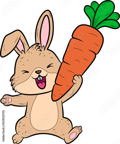 Cute cartoon rabbit happily holding a large, vibrant orange carrot. Ideal for themes of healthy eating, animals, or children's content