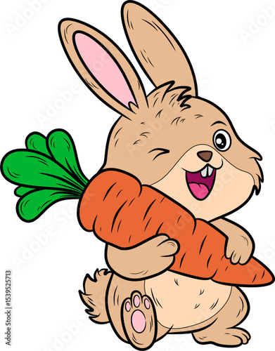 Cute cartoon rabbit happily holding a large, vibrant orange carrot. Ideal for themes of healthy eating, animals, or children's content