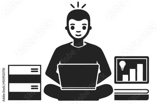 Focused freelancer with laptop and creative idea on white background transparency