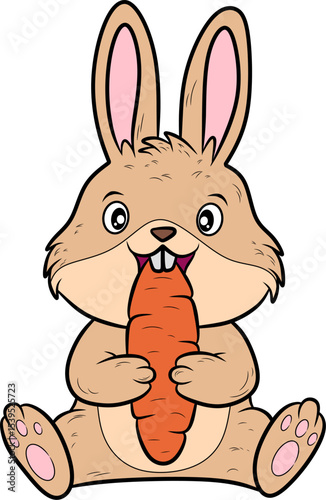 Cute cartoon rabbit happily holding a large, vibrant orange carrot. Ideal for themes of healthy eating, animals, or children's content