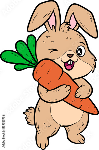 Cute cartoon rabbit happily holding a large, vibrant orange carrot. Ideal for themes of healthy eating, animals, or children's content