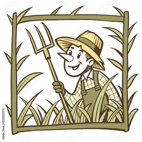 Happy farmer with pitchfork in the field