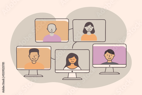 Vector illustration depicting people in a virtual meeting or online collaboration