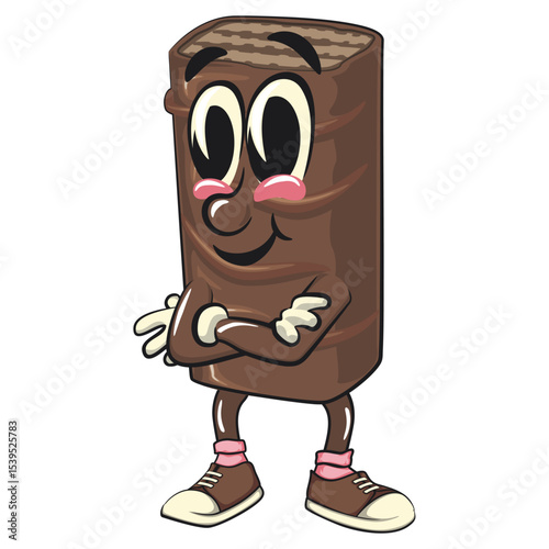 chocolate wafer cartoon mascot folding his arms calmly, high-resolution isolated vector snack character illustration, perfect for dessert branding, or educational materials, work of hand drawn