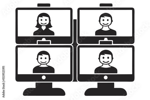 Group video call with smiling participants on monitors illustrating remote meetings