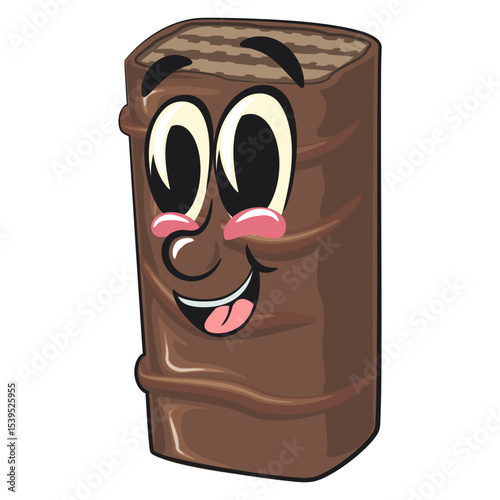 chocolate wafer cartoon mascot, high-resolution isolated vector snack character illustration, perfect for packaging, menus, dessert branding, or educational materials, work of hand drawn