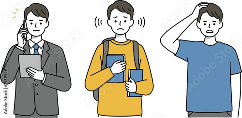 Men feeling stressed, anxiety illustration, emotional confusion, overwhelmed student, worried office worker, mental health, tension expression, stress reaction, life pressure, male emotion concept