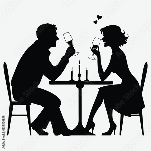 A couple clinking wine glasses by candlelight image silhouette design vector art and illustration