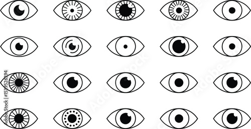 Collection of various eye icons in black and white simple illustrations