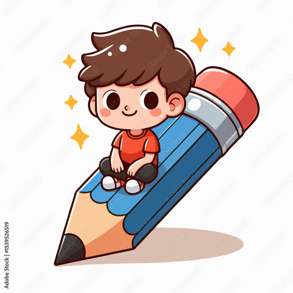 Naklejka premium cartoon vector illustration of a child sitting on a pencil