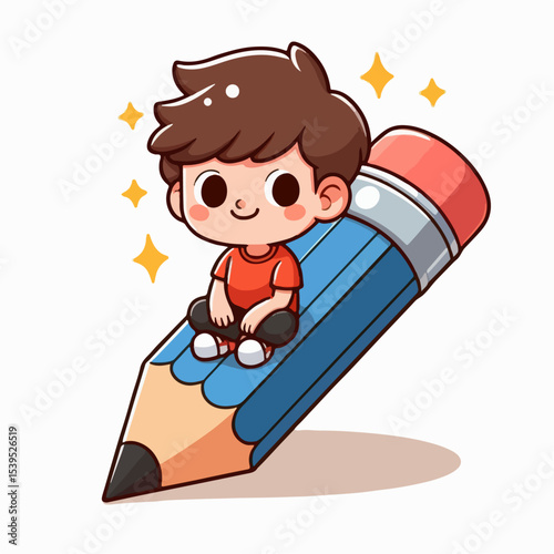 cartoon vector illustration of a child sitting on a pencil
