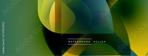 Abstract fluid shapes overlap, creating vibrant green, yellow gradients. Modern design features text background design centrally positioned.