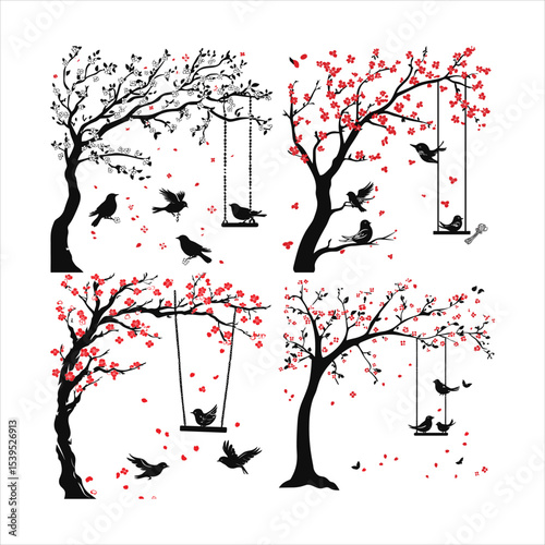 Birds on tree, tree, branch, flower, vector, nature, spring, love, cherry, silhouette, illustration, design, plant, leaf, floral, bird, blossom, art, season, birds, decoration, pink, japan, sakura, he
