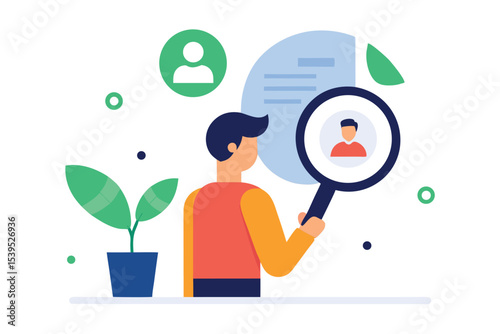 Human resources professional conducting research for hiring on a white background