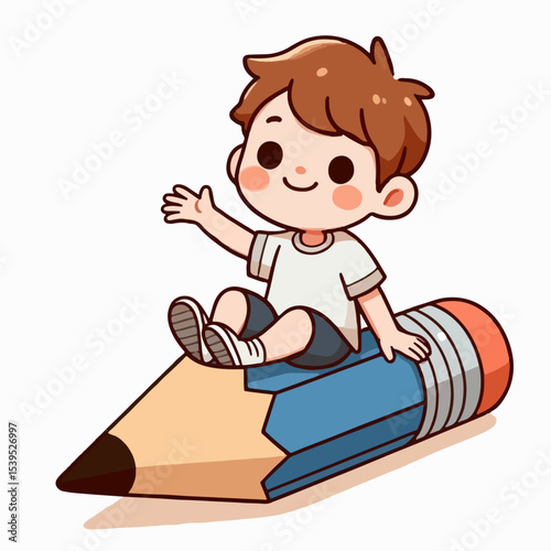 cartoon vector illustration of a child sitting on a pencil