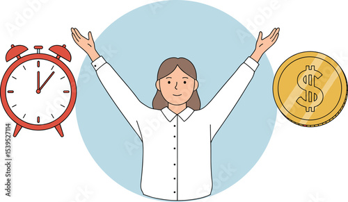 Happy woman balancing time and money, financial freedom, time management, wealth concept, budget success, productivity, personal finance, clock, gold coin, saving strategy, goals