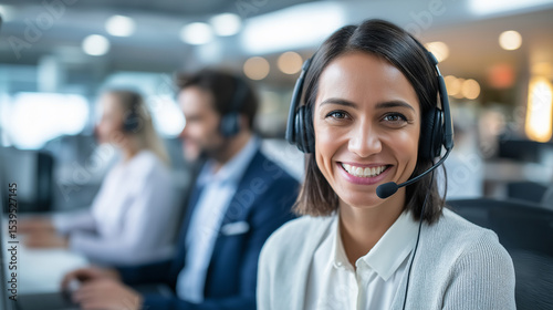 Smiling female customer support representative wearing a headset in a modern office environment.
 photo