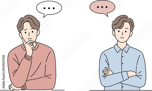 Two men thinking, facial expression, emotional reaction, communication concept, hand on chin, crossed arms, conversation pause, decision making, blank speech bubble, confusion illustration