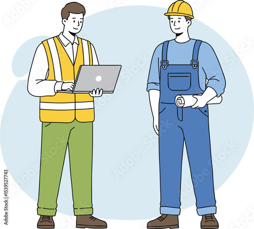 Construction workers planning, engineer with laptop, builder with blueprint, teamwork, safety gear, architecture project, job site meeting, project discussion, teamwork communication, blue background 
