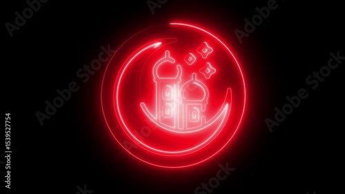 Glowing neon line Moon and stars icon isolated on black background . Neon Line Light Moon and Star. Glowing neon mosque crescent moon and ketupat on a dark black background