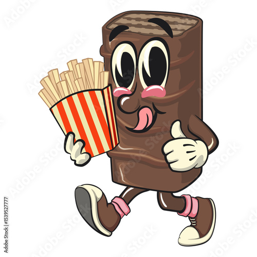 chocolate wafer cartoon mascot brought a box of french fries, high-resolution isolated vector snack character illustration, perfect for dessert branding, or educational materials, work of hand drawn